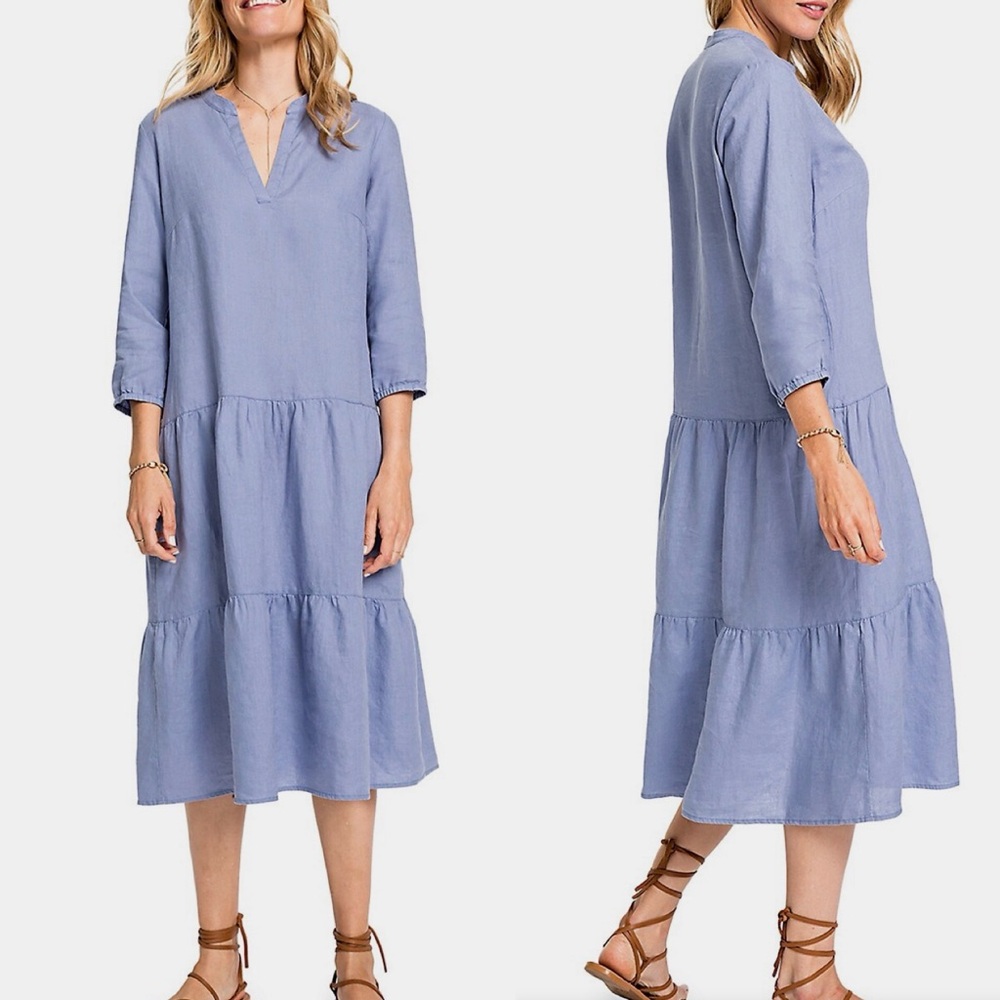 Olsen Germany‎ 100% Linen Tiered Midi Shift Dress Sz XL Blue V-Neck Cottage Core